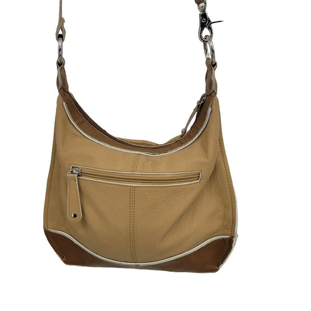 Tignanello Vegan Faux‎ Leather Neutral Color Blocked Zip Crossbody Bag Medium